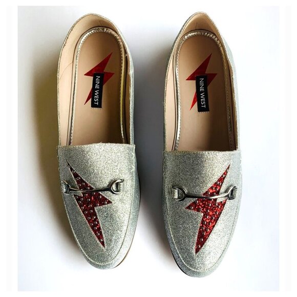 Nine West Wild Girls Lightning Bolt Silver/Red Flat Loafer Shoes - Picture 1 of 14